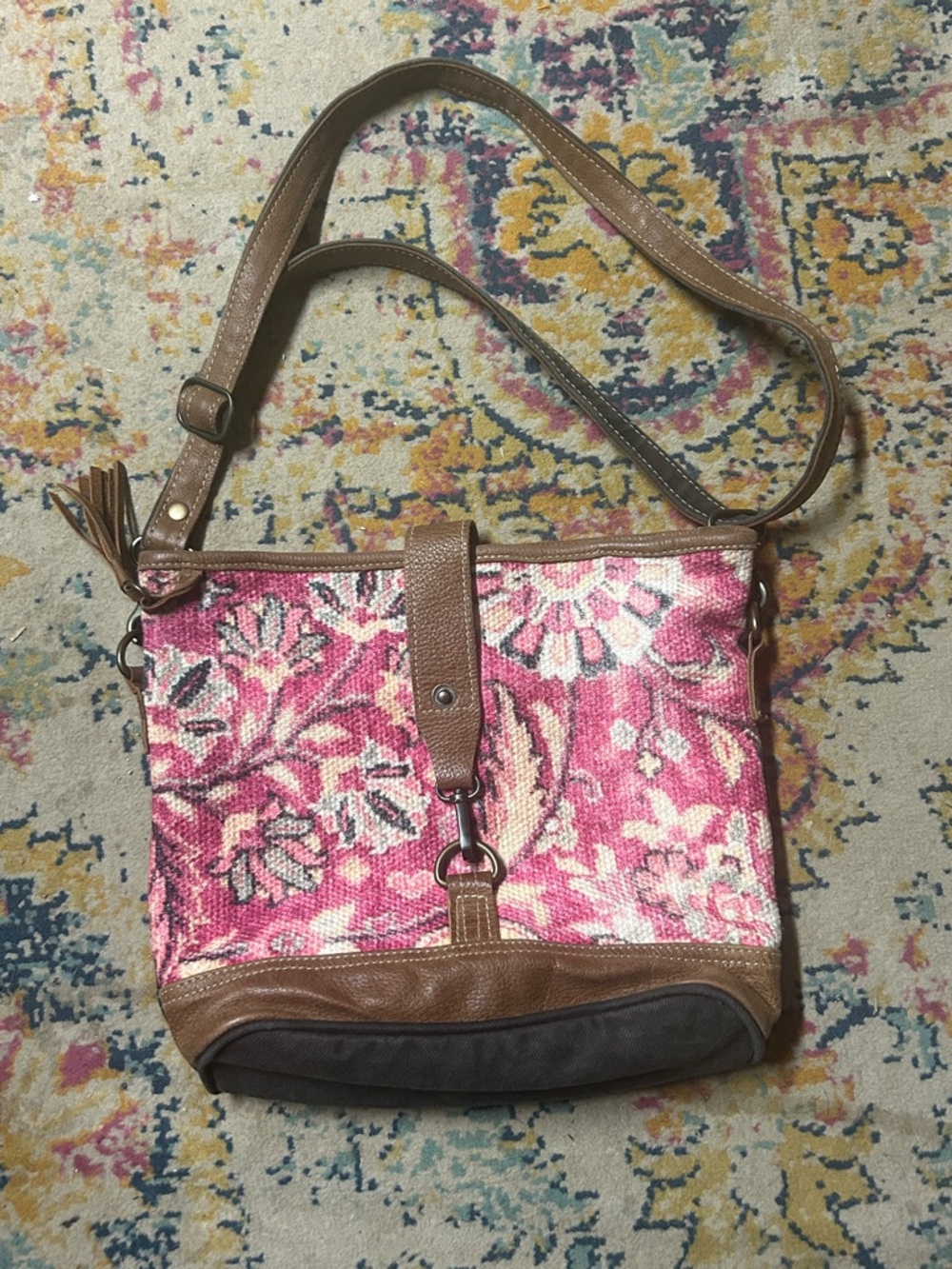 Women's Pink Floral Upholstery Crossbody Bag with Brown Trim Myra Bag